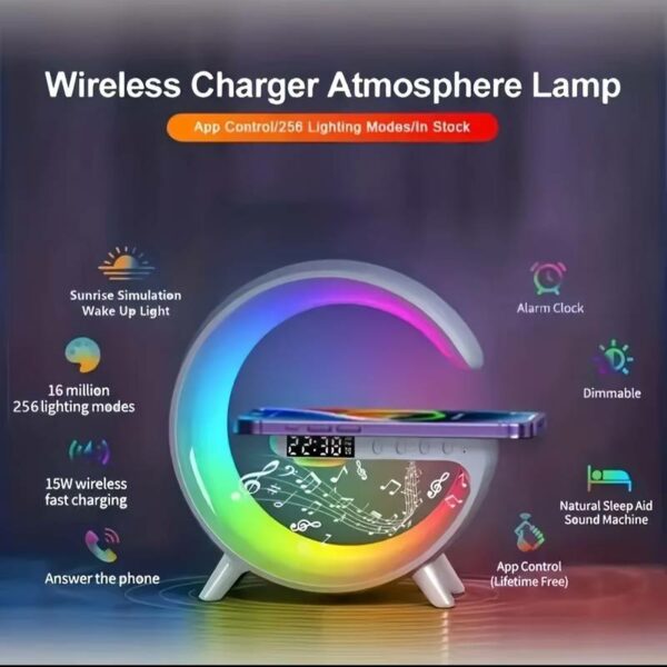 G-tech többfunkciós Intelligens vezeték nélküli LED lámpa RGB óra bluetooth hangszóró gyorstöltő ébresztő funkcióval - Image 2